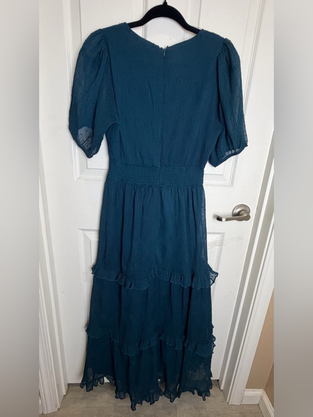 Lulu's Tier Sz M Dark Teal Puff Sleeves Tiered Midi Stretchy Waist Dress - Picture 5 of 12